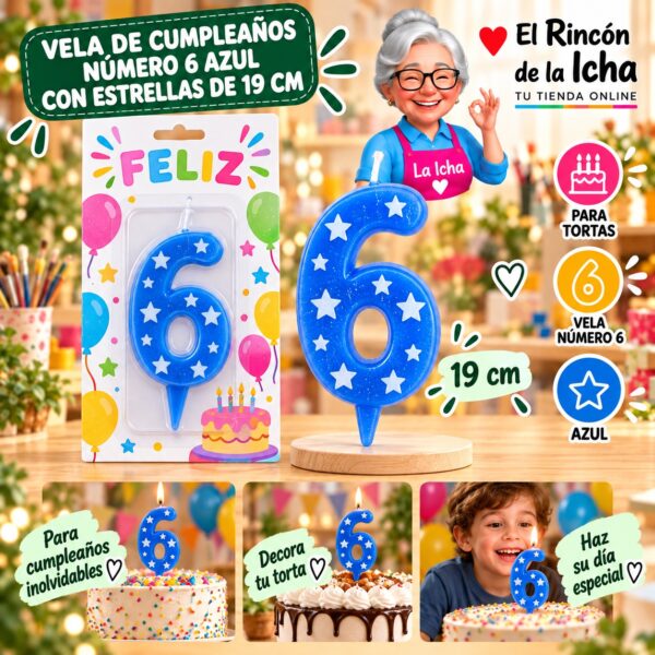 RI-0009688 Vela de Cumpleaños Número 6 Azul con Estrellas de 19 cm Feliz