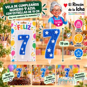 RI-0009689 Vela de Cumpleaños Número 7 Azul con Estrellas de 19 cm Feliz