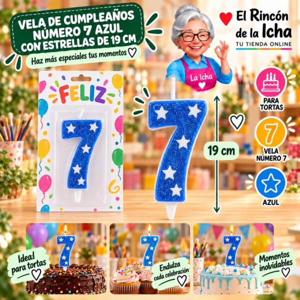 RI-0009689 Vela de Cumpleaños Número 7 Azul con Estrellas de 19 cm Feliz