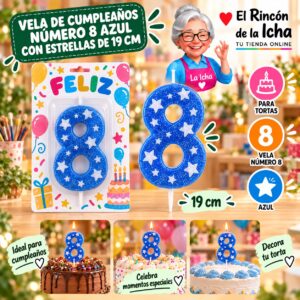 RI-0009690 Vela de Cumpleaños Número 8 Azul con Estrellas de 19 cm Feliz
