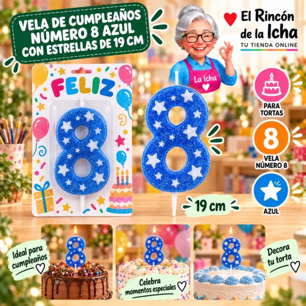 RI-0009690 Vela de Cumpleaños Número 8 Azul con Estrellas de 19 cm Feliz