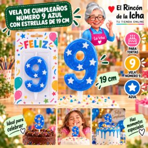 RI-0009691 Vela de Cumpleaños Número 9 Azul con Estrellas de 19 cm Feliz