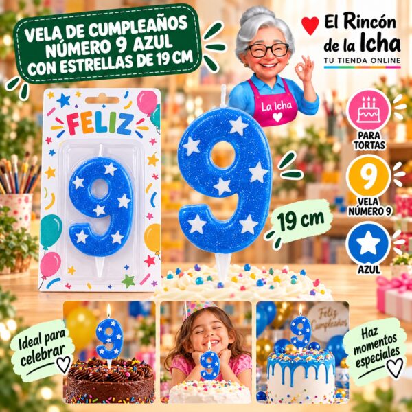 RI-0009691 Vela de Cumpleaños Número 9 Azul con Estrellas de 19 cm Feliz