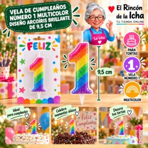 RI-0009692 Vela de Cumpleaños Número 1 Multicolor Diseño Arcoíris Brillante de 9,5 cm Feliz