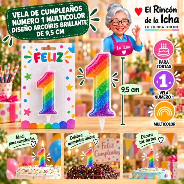 RI-0009692 Vela de Cumpleaños Número 1 Multicolor Diseño Arcoíris Brillante de 9,5 cm Feliz