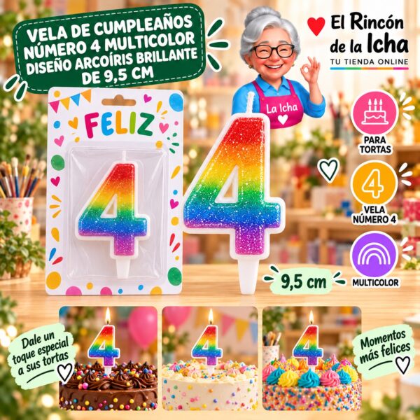 RI-0009693 Vela de Cumpleaños Número 4 Multicolor Diseño Arcoíris Brillante de 9,5 cm Feliz