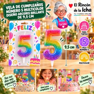 RI-0009694 Vela de Cumpleaños Número 5 Multicolor Diseño Arcoíris Brillante de 9,5 cm Feliz