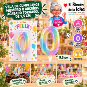 RI-0009695 Vela de Cumpleaños Número 0 Arcoíris Acabado Tornasol de 9,5 cm Feliz