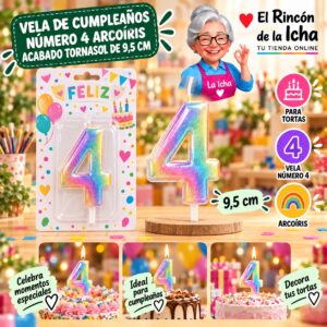 RI-0009696 Vela de Cumpleaños Número 4 Arcoíris Acabado Tornasol de 9,5 cm Feliz