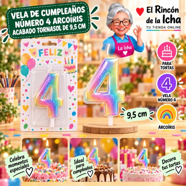 RI-0009696 Vela de Cumpleaños Número 4 Arcoíris Acabado Tornasol de 9,5 cm Feliz
