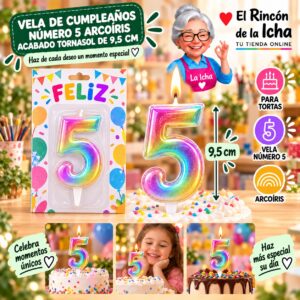 RI-0009697 Vela de Cumpleaños Número 5 Arcoíris Acabado Tornasol de 9,5 cm Feliz