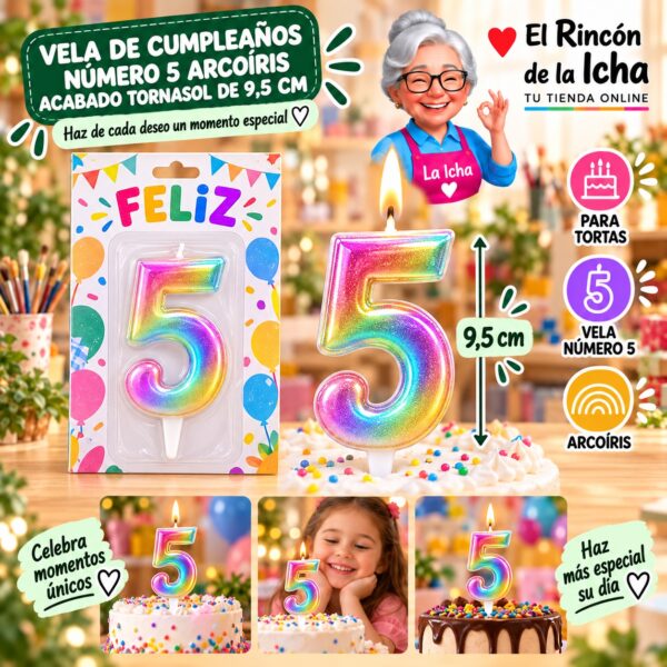 RI-0009697 Vela de Cumpleaños Número 5 Arcoíris Acabado Tornasol de 9,5 cm Feliz