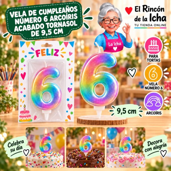 RI-0009698 Vela de Cumpleaños Número 6 Arcoíris Acabado Tornasol de 9,5 cm Feliz