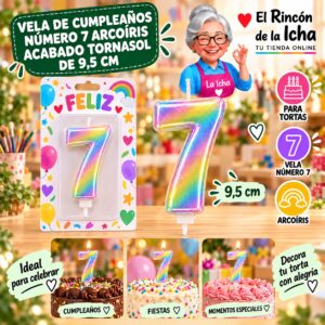 RI-0009699 Vela de Cumpleaños Número 7 Arcoíris Acabado Tornasol de 9,5 cm Feliz