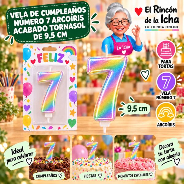 RI-0009699 Vela de Cumpleaños Número 7 Arcoíris Acabado Tornasol de 9,5 cm Feliz