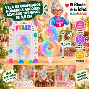 RI-0009700 Vela de Cumpleaños Número 8 Arcoíris Acabado Tornasol de 9,5 cm Feliz
