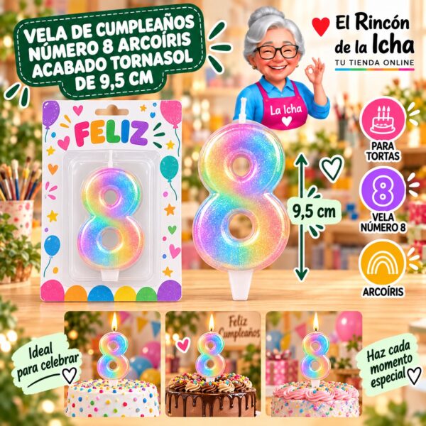 RI-0009700 Vela de Cumpleaños Número 8 Arcoíris Acabado Tornasol de 9,5 cm Feliz