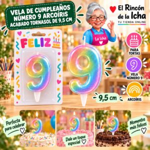 RI-0009701 Vela de Cumpleaños Número 9 Arcoíris Acabado Tornasol de 9,5 cm Feliz