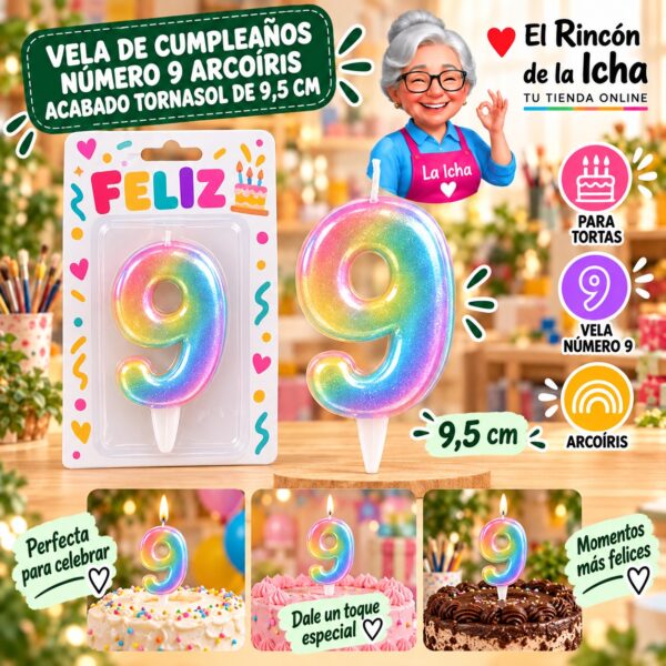 RI-0009701 Vela de Cumpleaños Número 9 Arcoíris Acabado Tornasol de 9,5 cm Feliz