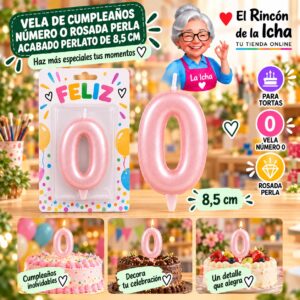 RI-0009702 Vela de Cumpleaños Número 0 Rosada Perla Acabado Perlato de 8,5 cm Feliz