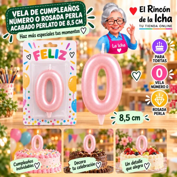 RI-0009702 Vela de Cumpleaños Número 0 Rosada Perla Acabado Perlato de 8,5 cm Feliz