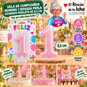 RI-0009703 Vela de Cumpleaños Número 1 Rosada Perla Acabado Perlato de 8,5 cm Feliz