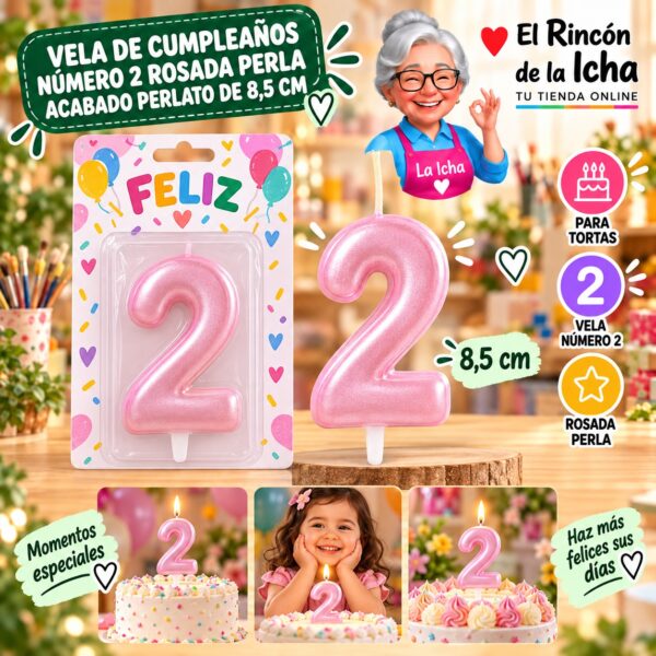 RI-0009704 Vela de Cumpleaños Número 2 Rosada Perla Acabado Perlato de 8,5 cm Feliz