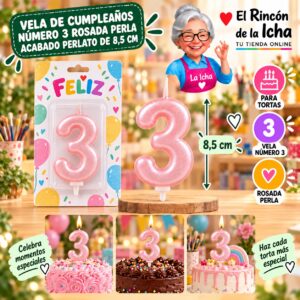 RI-0009705 Vela de Cumpleaños Número 3 Rosada Perla Acabado Perlato de 8,5 cm Feliz