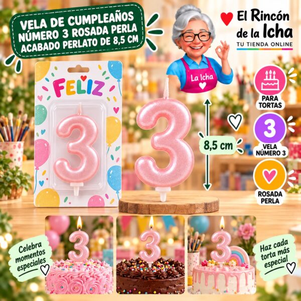 Vela de Cumpleaños Número 3 Rosada Perla Acabado Perlato de 8,5 cm Feliz