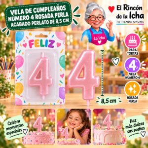 RI-0009706 Vela de Cumpleaños Número 4 Rosada Perla Acabado Perlato de 8,5 cm Feliz