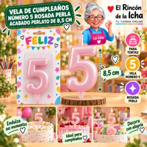 RI-0009707 Vela de Cumpleaños Número 5 Rosada Perla Acabado Perlato de 8,5 cm Feliz