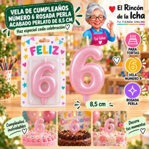 RI-0009708 Vela de Cumpleaños Número 6 Rosada Perla Acabado Perlato de 8,5 cm Feliz