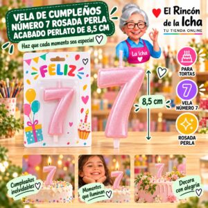 RI-0009709 Vela de Cumpleaños Número 7 Rosada Perla Acabado Perlato de 8,5 cm Feliz