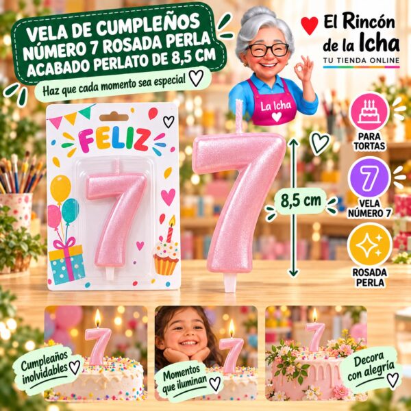Vela de Cumpleaños Número 7 Rosada Perla Acabado Perlato de 8,5 cm Feliz