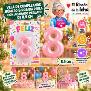 RI-0009710 Vela de Cumpleaños Número 8 Rosada Perla con Acabado Perlato de 8,5 cm Feliz