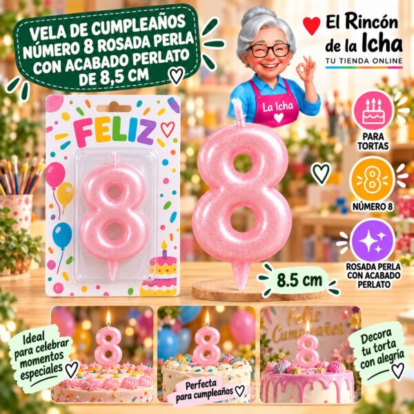 Vela de Cumpleaños Número 8 Rosada Perla con Acabado Perlato de 8,5 cm Feliz