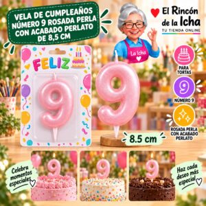 RI-0009711 Vela de Cumpleaños Número 9 Rosada Perla con Acabado Perlato de 8,5 cm Feliz