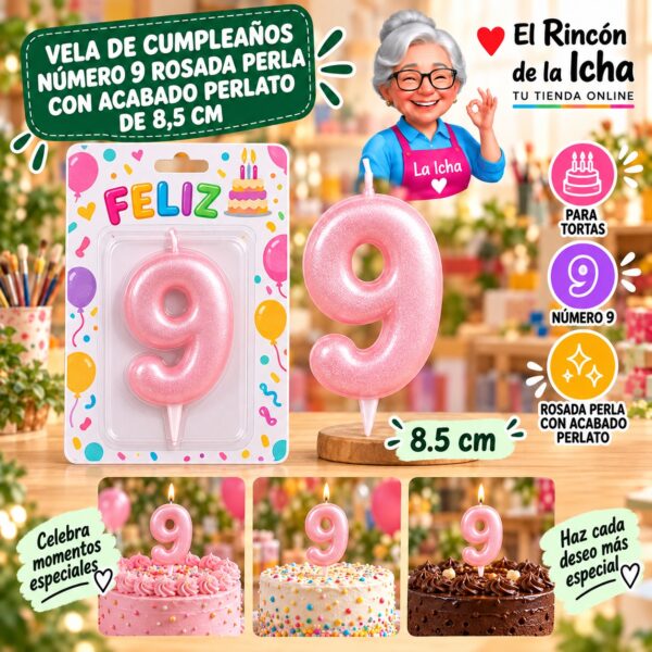 RI-0009711 Vela de Cumpleaños Número 9 Rosada Perla con Acabado Perlato de 8,5 cm Feliz