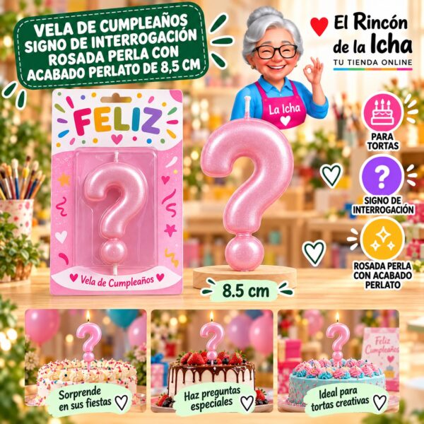 RI-0009712 Vela de Cumpleaños Signo de Interrogación Rosada Perla con Acabado Perlato de 8,5 cm Feliz