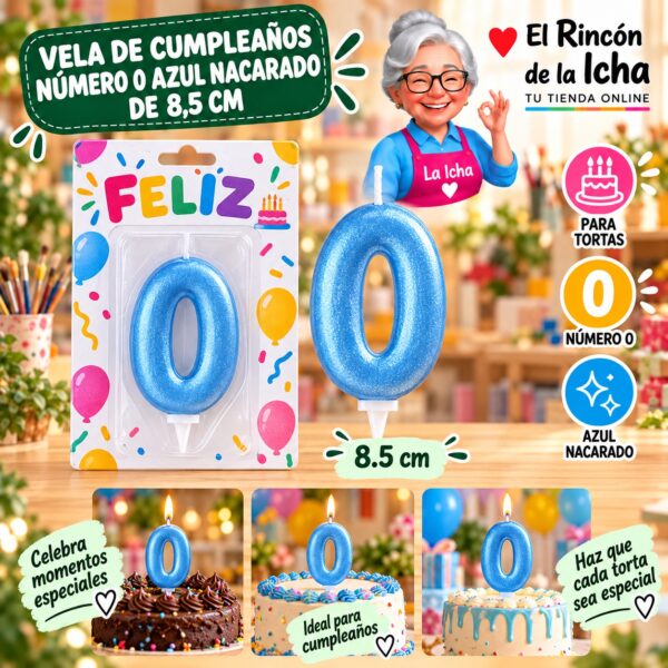 RI-0009713 Vela de Cumpleaños Número 0 Azul Nacarado de 8,5 cm Feliz