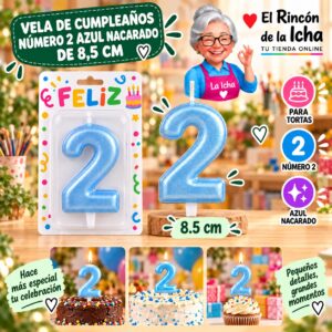 RI-0009714 Vela de Cumpleaños Número 2 Azul Nacarado de 8,5 cm Feliz