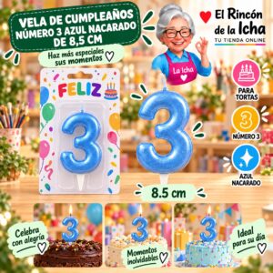 RI-0009715 Vela de Cumpleaños Número 3 Azul Nacarado de 8,5 cm Feliz