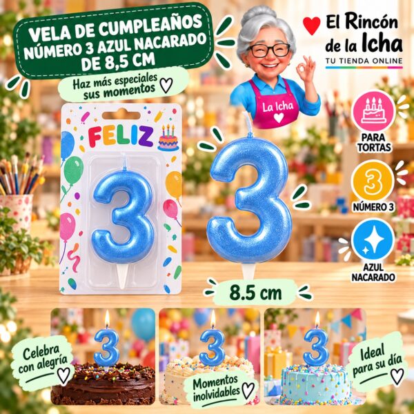 RI-0009715 Vela de Cumpleaños Número 3 Azul Nacarado de 8,5 cm Feliz