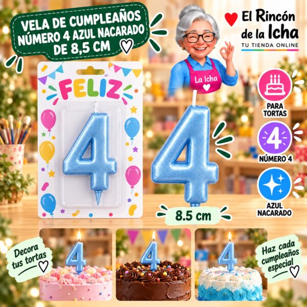 RI-0009716 Vela de Cumpleaños Número 4 Azul Nacarado de 8,5 cm Feliz