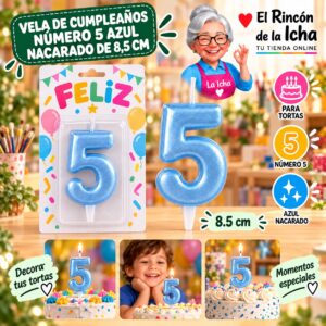 RI-0009717 Vela de Cumpleaños Número 5 Azul Nacarado de 8,5 cm Feliz