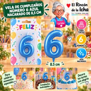 RI-0009718 Vela de Cumpleaños Número 6 Azul Nacarado de 8,5 cm Feliz