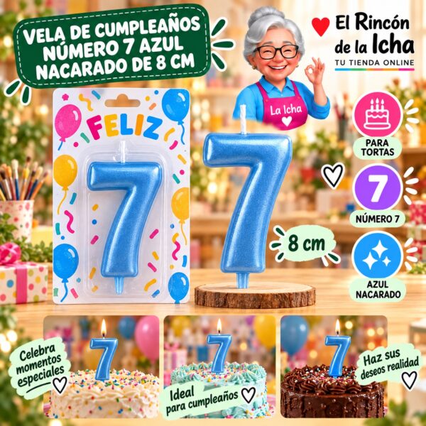 RI-0009719 Vela de Cumpleaños Número 7 Azul Nacarado de 8 cm Feliz