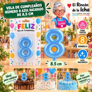 RI-0009720 Vela de Cumpleaños Número 8 Azul Nacarado de 8,5 cm Feliz