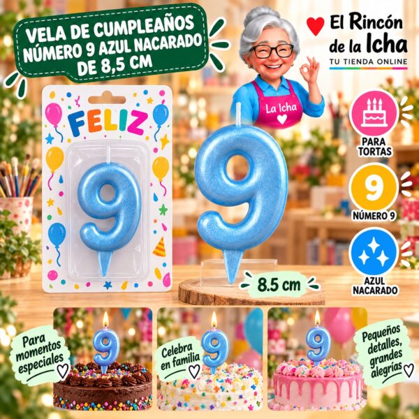 RI-0009721 Vela de Cumpleaños Número 9 Azul Nacarado de 8,5 cm Feliz