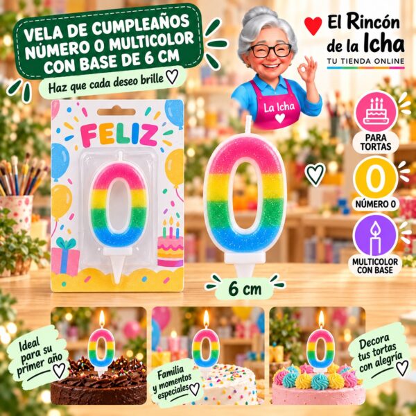 RI-0009723 Vela de Cumpleaños Número 0 Multicolor con Base de 6 cm Feliz